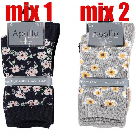 Apollo meisjes sokken per drie paar met bloemen- en strepenprint (deze sokken hebben wel een naad!)