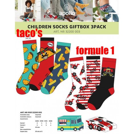 Kindersokken met Taco's of Formule 1 printen per drie paar in een kadoverpakking 